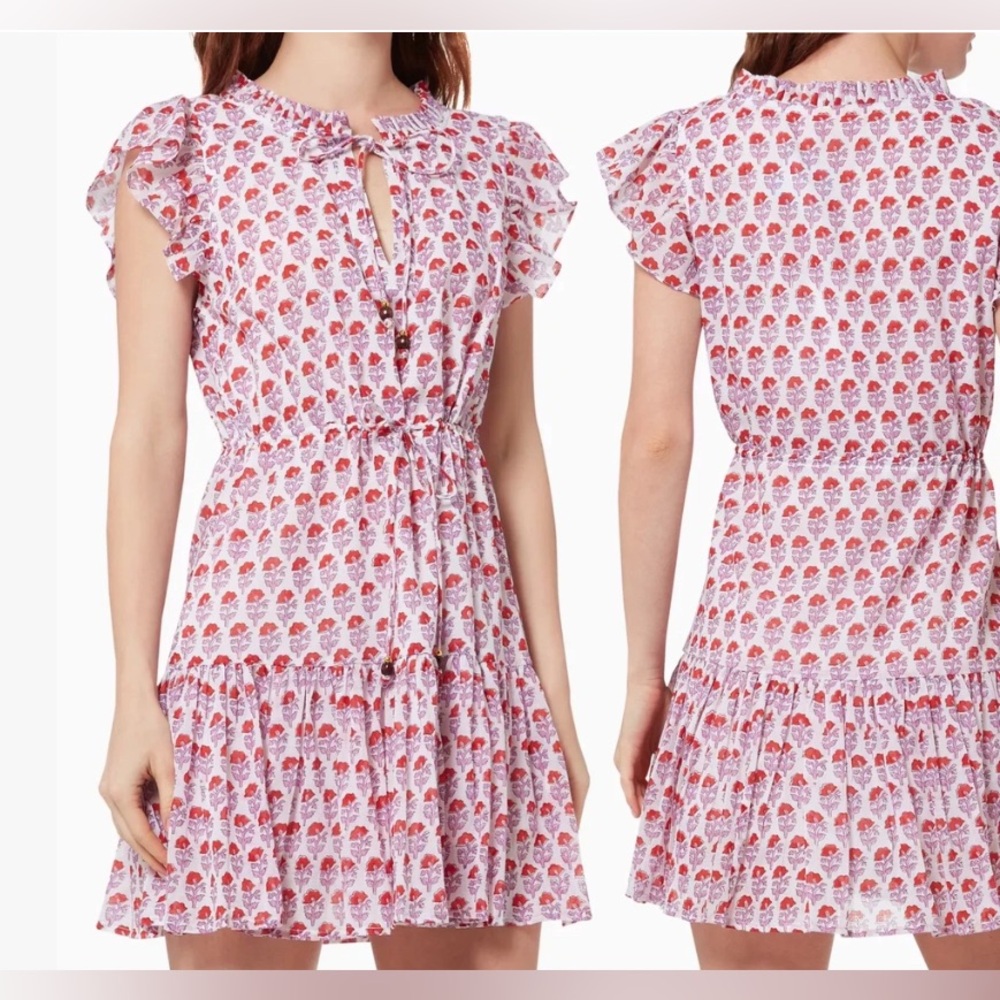Oliphant Floral Ruffle Mini Dress in pink and red.